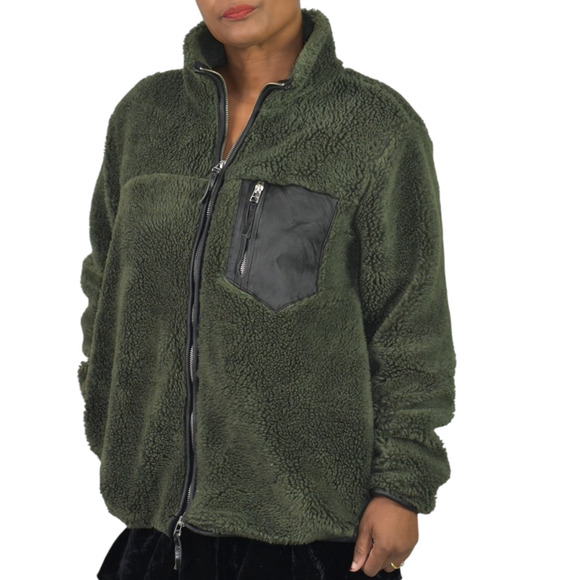 Anine Bing Ryder Faux Fur Jacket Green Olive Sherpa Teddy Plush Zip Front Small - Picture 12 of 16